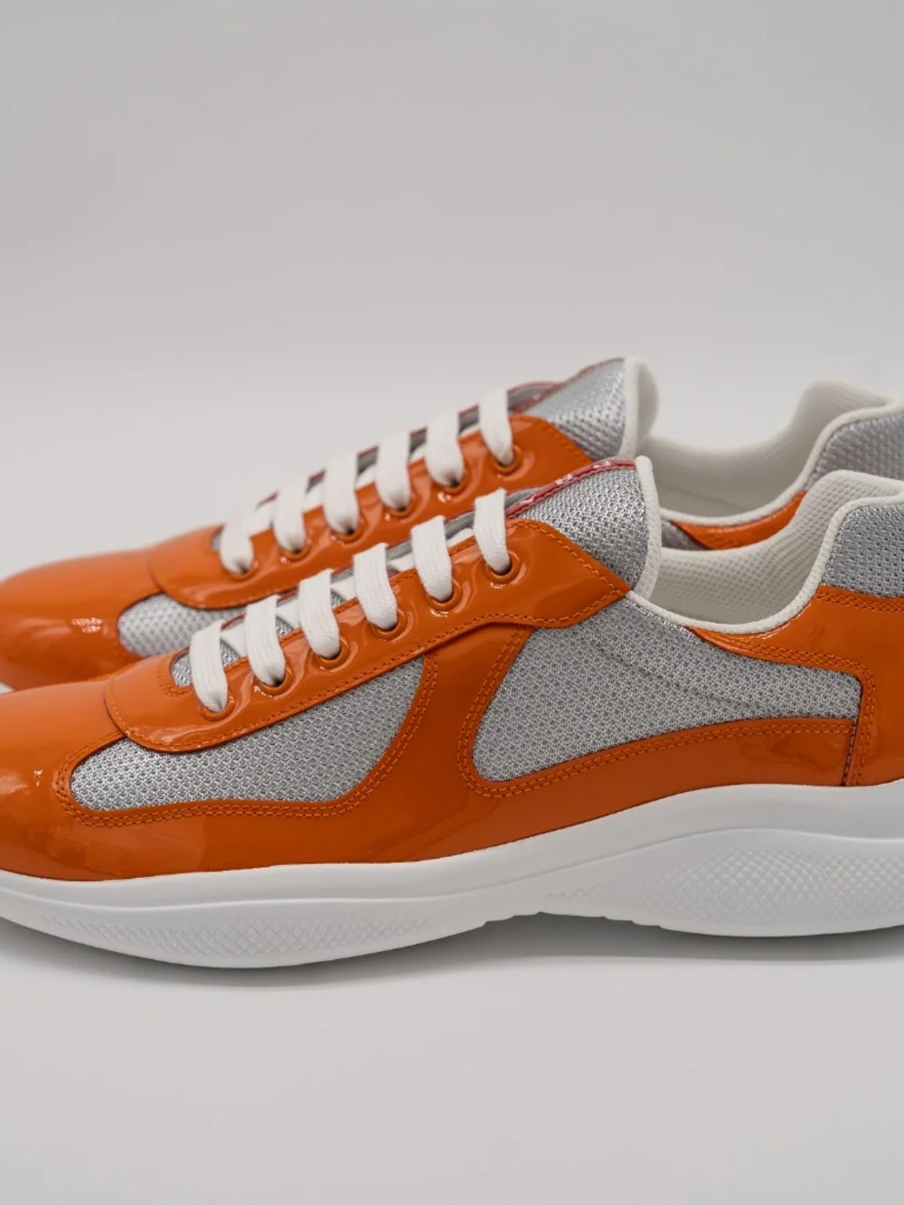 Prada America's Cup Men's Sneakers Orange Patent Leather Silver Fabric 8uk 9 US